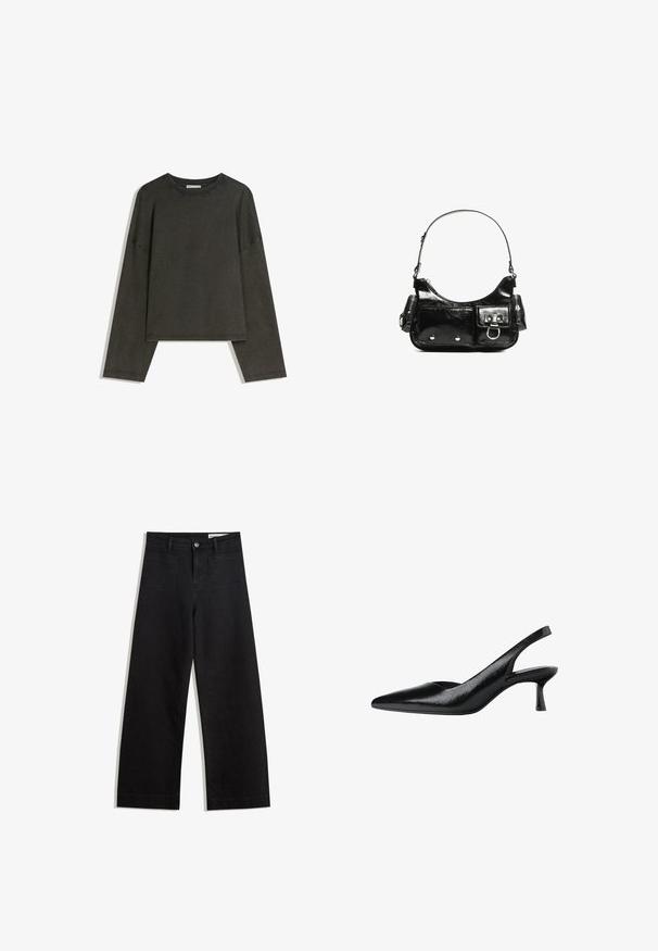 Tamna siva majica dugih rukava izrađena od pamuka i elastina. Kutni kroj s okruglim izrezom i spuštenim ramenima, s vidljivim šavovima.; Crne široke traperice s visokim strukom, s prednjim i stražnjim džepovima, šivenim šavovima i kopčanjem na gumb. Glatka tekstura.; Crne slingback pumpe sa šiljastim vrhom, napravljene od teksturiranog sintetičkog materijala, sa tankim potpeticama i otvorenim bočnim dizajnom.; Crna patentna kožna torba s zakrivljenim oblikom, jednim remenom za rame, prednjim džepovima i akcentima od srebrnog tona.
