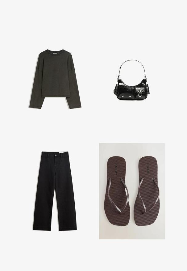 Mørkegrå langærmet top lavet af bomuldsblanding. Kasseformet med en rund halsudskæring og sænkede skuldre, med synlige syninger.; Sorte wide-leg denim bukser med høj talje, der har front- og baglommer, syede sømme og en knaplukning. Glat tekstur.; Next SQUARE TOE - Klipklapper - chocolate brown; Sort patenteret læder håndtaske med en buet form, en skulderrem, frontlommer og hardware accenter i sølvfarve.