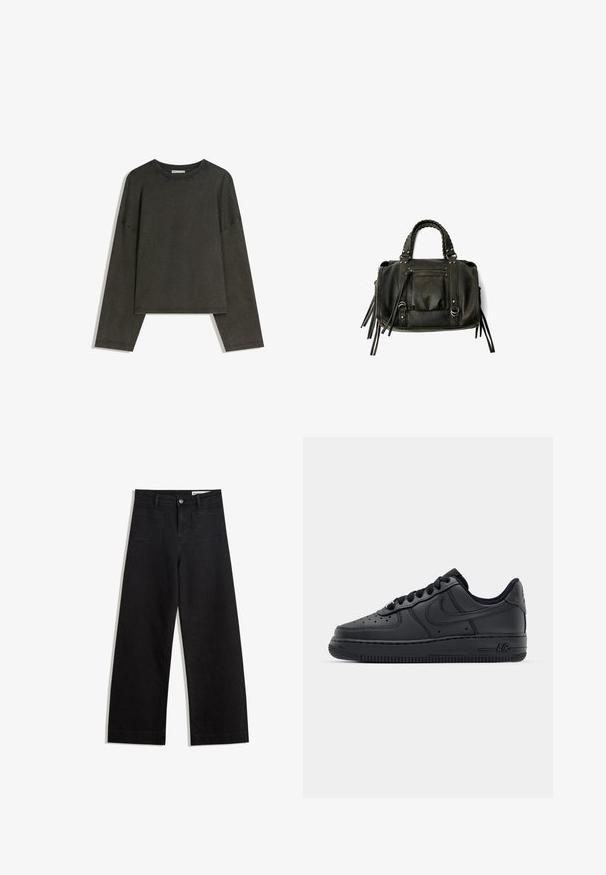 Temno siva dolga majica z dolgimi rokavi, izdelana iz bombažnega vlakna. Ima kvadratno obliko, okrogel izrez in spuščene ramena, z vidnimi šivi.; Črne široke denim hlače z visokim pasom, ki imajo sprednje in zadnje žepe, šivane šive ter gumbasto zapiranje. Gladka tekstura.; Črne usnjene superge s perforiranim prstnim delom, ravnimi vezalkami in gumijastim podplatom. Imajo majhen logotip na strani in teksturirane detajle.; Črna usnjena torba s pletenimi ročaji, žepom na zadrgo in visečimi resicami. Teksturična površina z kovinskimi okrasnimi studenčki in dodatki iz kovine.