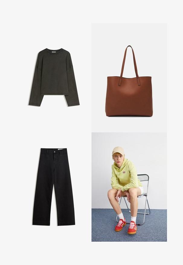 Tricou lung cu maneci gri închis, realizat dintr-un amestec de bumbac. Formă pătrată cu guler rotund și umeri căzuți, prezentând cusături vizibile.; Pantaloni din denim negri cu picioare largi, cu talie înaltă, având buzunare frontale și posterioare, cusături dublate și închidere cu nasture. Textură netedă.; Hanorac verde deschis cu logo, pantaloni scurți albi, adidași roșii cu dungi albe, așezat pe un scaun pliant din crom, pe un fundal neutru.; Geantă de umăr din piele maro cu o textură netedă, design cu vârf deschis și două curele pentru umăr. Prezintă cusături minime și fără componente metalice vizibile.