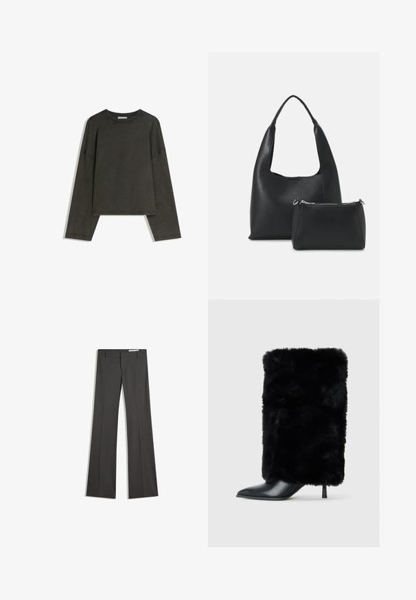 Sötétszürke, hosszú ujjú felső, pamut-összeállítású anyagból. Téglalap alakú, kerek nyakkivágással és lejjebb húzott vállakkal, látható varrásokkal.; Szürke, bővülő nadrág sima anyagból, lapos elejű, övakasztókkal, elegáns fazonban, tiszta vonalakkal.; Fekete bokacsizma hegyes orral és tűsarkúval, puha fekete műszőrme szárddal. Simító bőrbelső az orrnál.; Even&Odd Kézitáska - black