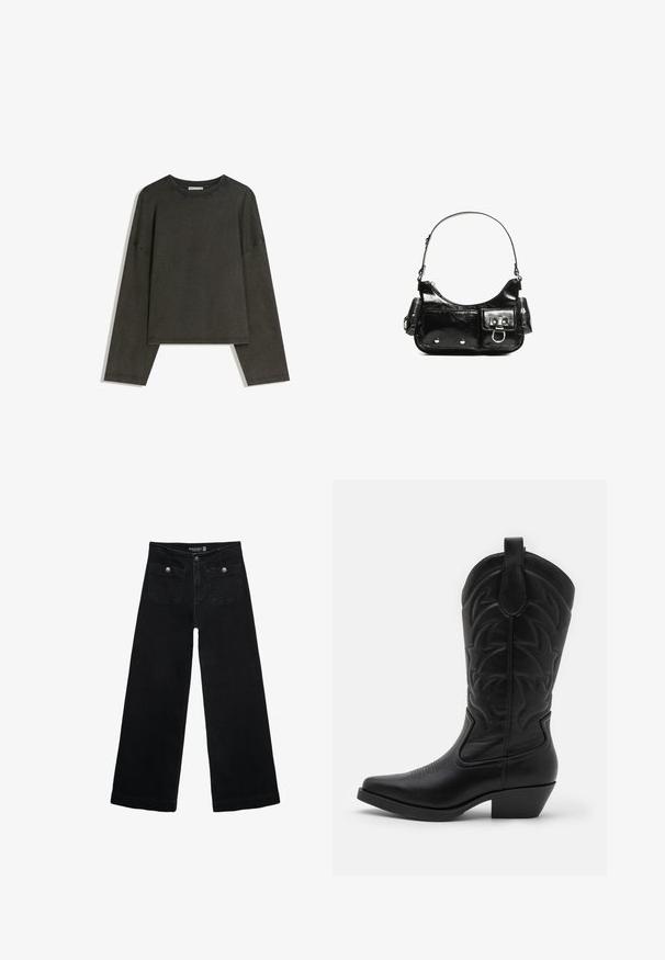 Ciemnoszara bluzka z długim rękawem wykonana z mieszanki bawełny. Prosty krój z okrągłym dekoltem i opuszczonymi ramionami, z widocznymi szwami.; Czarne, szerokie dżinsy z wysokim stanem, z dwoma przednimi kieszeniami i metalowymi guzikami. Tkanina ma gładką fakturę.; Czarne kowbojkowe buty z wysmuklonym czubkiem, teksturowana skóra, dekoracyjne przeszycia na cholewce oraz niski, stakowany obcas.; Czarna torebka z lakierowanej skóry o zaokrąglonym kształcie, z jednym paskiem na ramię, przednimi kieszeniami i akcentami w kolorze srebrnym.