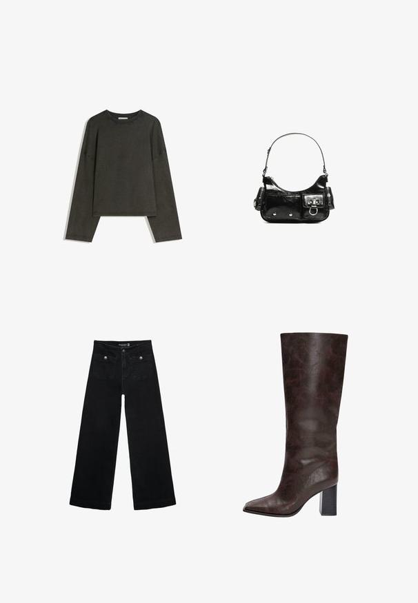 Dark grey long-sleeve top made of cotton-blend fabric. Boxy shape with a round neckline and dropped shoulders, featuring visible stitching.; Black wide-leg jeans with a high waist, featuring two front pockets and metal button accents. The fabric has a smooth texture.; Brown faux leather knee-high boots with a pointed toe, a textured surface, and a chunky black heel. Smooth finish, minimal detailing.; Black patent leather handbag with a curved shape, one shoulder strap, front pockets, and silver-tone hardware accents.