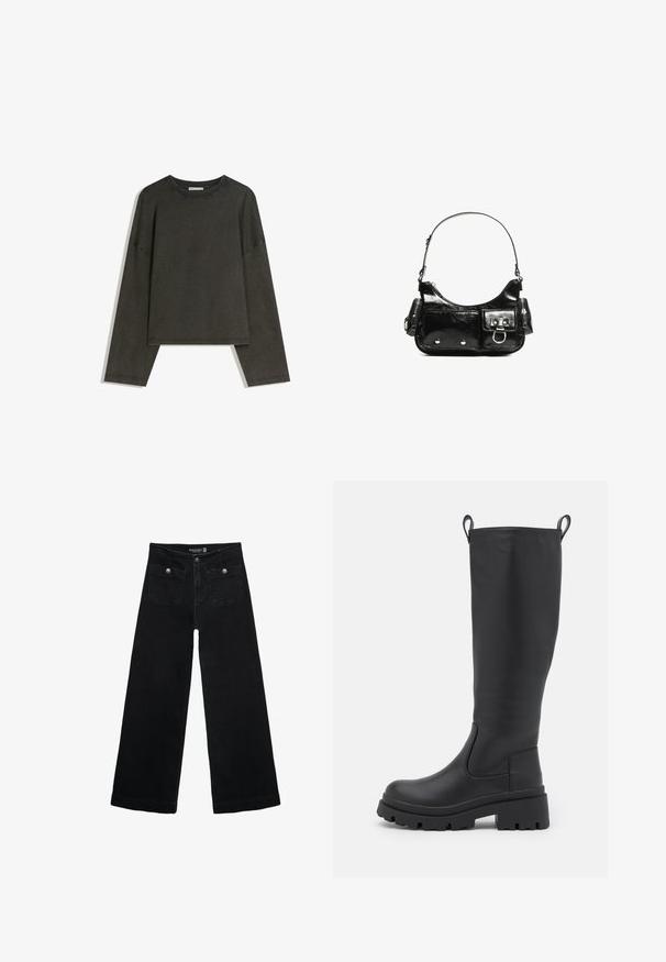 Ciemnoszara bluzka z długim rękawem wykonana z mieszanki bawełny. Prosty krój z okrągłym dekoltem i opuszczonymi ramionami, z widocznymi szwami.; Czarne, szerokie dżinsy z wysokim stanem, z dwoma przednimi kieszeniami i metalowymi guzikami. Tkanina ma gładką fakturę.; Czarne, sięgające do kolan botki z gładkiej skóry, z masywną podeszwą i niewielkim obcasem. Posiadają uchwyty do zakupu oraz elastyczne boczne panele, co ułatwia ich zakładanie.; Czarna torebka z lakierowanej skóry o zaokrąglonym kształcie, z jednym paskiem na ramię, przednimi kieszeniami i akcentami w kolorze srebrnym.