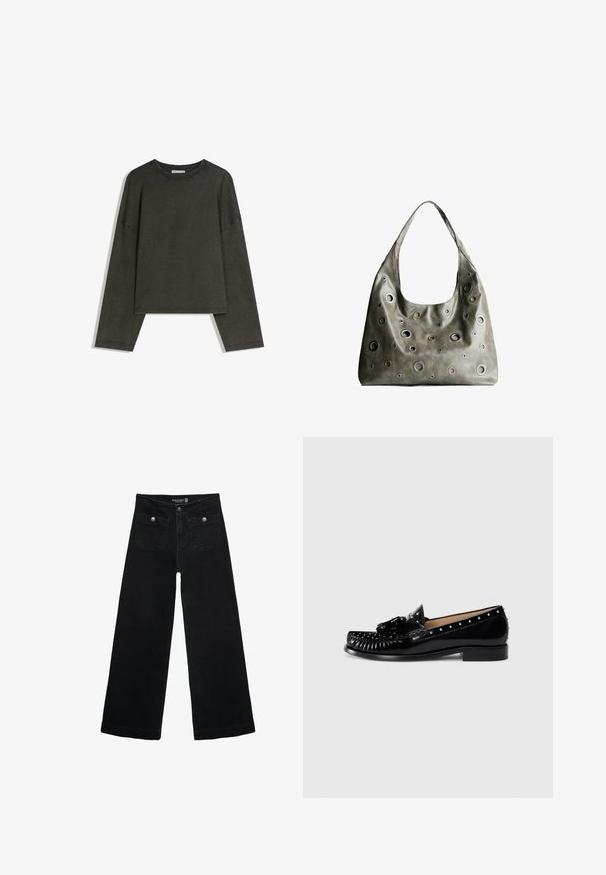 Dunkelgraues Langarmshirt aus Baumwoll-Mischgewebe. Boxy-Schnitt mit Rundhalsausschnitt und überschnittenen Schultern, mit sichtbaren Nähten.; Schwarze, weit geschnittene Jeans mit hoher Taille, die zwei Fronttaschen und metallene Knopfakzente aufweist. Der Stoff hat eine glatte Textur.; Schwarze Lederloafers mit dekorativen Nähten, Metallnieten entlang der Oberseite, einem niedrigen Absatz und einem strukturierten Schleifenakzent an der Vorderseite.; Olivgrünes Lederhandtäschchen mit einem lässigen Design, das verschiedene runde Ausschnitte in unterschiedlichen Größen und Akzente in dunkleren und helleren Farbtönen aufweist.