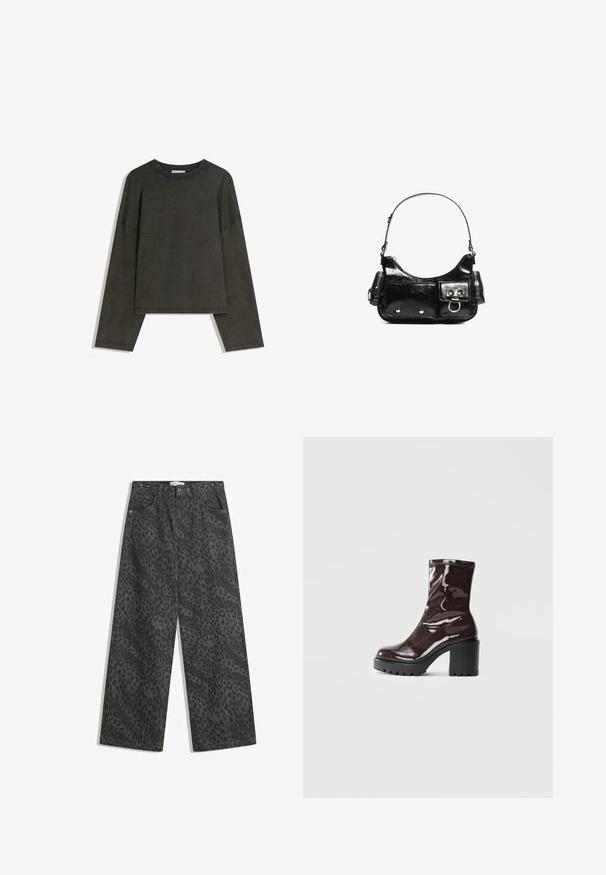 Tricou lung cu maneci gri închis, realizat dintr-un amestec de bumbac. Formă pătrată cu guler rotund și umeri căzuți, prezentând cusături vizibile.; Pantaloni largi din denim negru cu un model subtil de leopard, accente cu bărcuțe metalice pe talie și un design clasic cu cinci buzunare.; Botine lucioase burgundy, cu toc gros negru, având o textură netedă și un design simplu. Fără închideri sau modele vizibile.; Geantă de mână din piele lăcuită neagră, cu o formă curbată, un umăr, buzunare frontale și accente din metal argintiu.