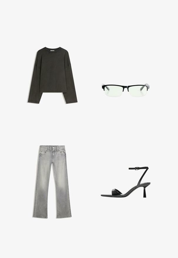 Tamna siva majica dugih rukava izrađena od pamuka i elastina. Kutni kroj s okruglim izrezom i spuštenim ramenima, s vidljivim šavovima.; Sive traperice s otvorenim nogavicama i izblijedjelim finišem, s kopčanjem na dugme, pet džepova i šavnim detaljima duž struka i rubova.; Bershka Sandale s visokom petom - black; Crna pravokutna naočala s prozirnim lećama, sa sofisticiranim crnim okvirom i sivim prozirnim drškama. Minimalistički dizajn, bez vidljivog brendiranja.