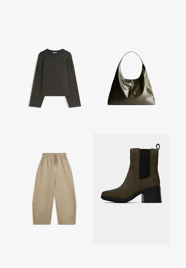 Sötétszürke, hosszú ujjú felső, pamut-összeállítású anyagból. Téglalap alakú, kerek nyakkivágással és lejjebb húzott vállakkal, látható varrásokkal.; Beige, széles szárú nadrág puha anyagból, rugalmas derékkal, húzózsinórral és oldalsó zsebekkel. Sima textúra, egyszerű dizájn.; Barna velúr bokacsizma fekete elasztikus oldalsó panelekkel, húzófüllel, tömbsarokkal és lézerszabású fa logóval a sarokpánton.; Olíva zöld bőrtáska, sima, fényes felülettel. Kerek tetejű és puha, lazán hullámos formájú. Minimalista dizájn.