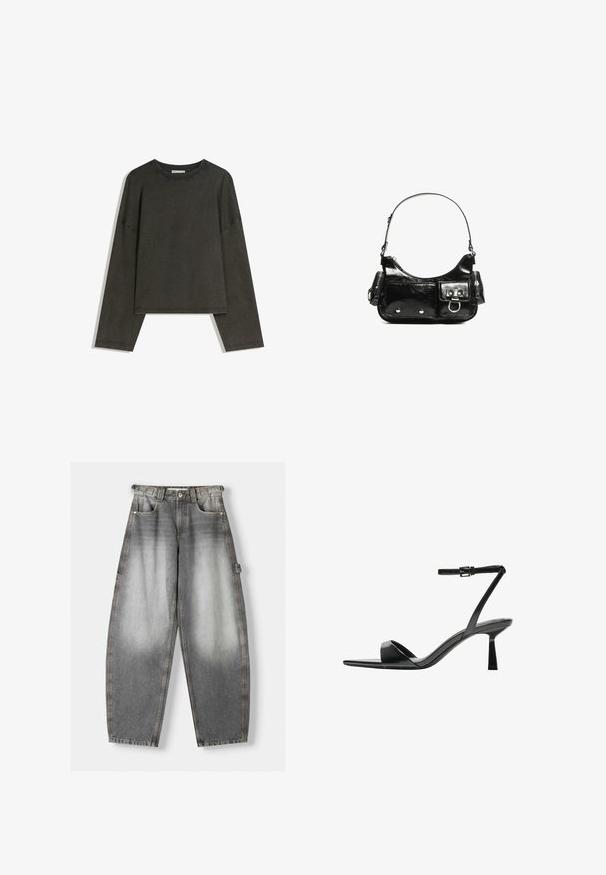 Sötétszürke, hosszú ujjú felső, pamut-összeállítású anyagból. Téglalap alakú, kerek nyakkivágással és lejjebb húzott vállakkal, látható varrásokkal.; Szürke farmernadrág, amely elhasználódott hatású, széles szárú kialakítással és varrott részletekkel rendelkezik. Elöl zsebekkel és oldalsó pánttal van felszerelve.; Bershka Magas sarkú szandálok - black; Fekete lakkbőr kézitáska ívelt formával, egy vállpánttal, elülső zsebekkel és ezüstszínű fémrészletekkel.