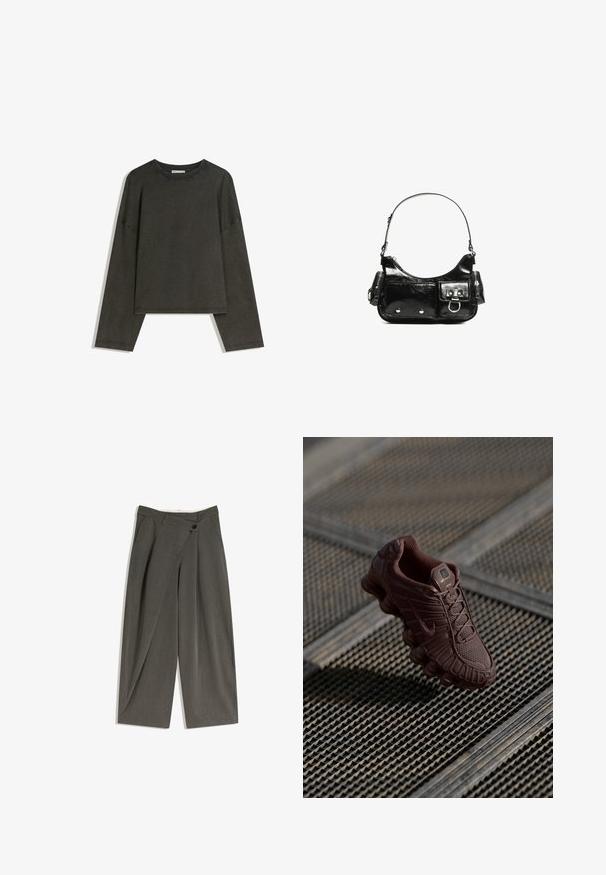 Dunkelgraues Langarmshirt aus Baumwoll-Mischgewebe. Boxy-Schnitt mit Rundhalsausschnitt und überschnittenen Schultern, mit sichtbaren Nähten.; Weite Hosen aus einem dunkelgrauen Stoff. Mit flachem Bund, seitlichen Taschen und einem einzelnen Knopfverschluss. Glatte Textur, taillierte Passform.; Brauner Nike Sneaker mit strukturiertem Mesh-Obermaterial, markanter gebogener Sohle und gepolstertem Kragen, vor einem gemusterten Hintergrund präsentiert.; Schwarze Lackleder-Handtasche mit geschwungenem Design, einem Schulterriemen, Vordertaschen und silberfarbenen Hardware-Akzenten.