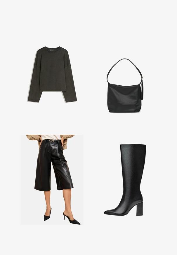 Maglia a maniche lunghe grigio scuro realizzata in un mix di cotone. Ha una forma ampia con scollatura rotonda e spalle scese, con cuciture visibili.; Culotte in faux pelle nera con un taglio ampio, caratterizzate da pieghe frontali e una vita alta con cintura. Texture liscia con una finitura lucida.; Stivale nero al ginocchio realizzato in pelle sintetica, con punta affusolata, texture liscia e tacco a blocco spesso. Design minimalista senza decorazioni visibili.; Borsa a spalla in pelle nera con una texture liscia, corpo largo, tracolla sottile e chiusura a zip nella parte superiore.