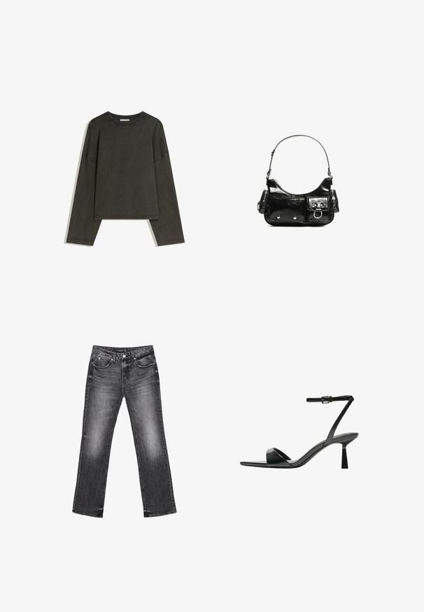 Temno siva dolga majica z dolgimi rokavi, izdelana iz bombažnega vlakna. Ima kvadratno obliko, okrogel izrez in spuščene ramena, z vidnimi šivi.; Črne kavbojke iz jeansa s ravno nogavico, zbledelim videzom in petimi žepi. Imajo zanke za pas in zadrgo.; Bershka Sandali z visoko peto - black; Črna lakasta usnjena torbica s ukrivljeno obliko, enim ramenskim trakom, sprednjimi žepi in srebrnimi kovinskimi dodatki.