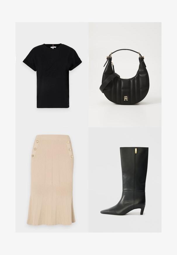 Svart bomull t-shirt med rullade korta ärmar, med en präglad logotyp i mitten och en liten flaggdetalj på sidan.; Stickad blyertskjol i beige med vertikal ribb, med en utsvängd nederkant och knappar med guld-logotyp på sidan för extra detalj.; Svarta läderknähöga stövlar med spetsig tå och låg klack. Har en elegant design med en guldfärgad detalj. Slät yta.; Svart läderhandväska med en böjd form, vadderad textur och guldfärgade detaljer. Har en avtagbar axelrem och logotypdetalj.