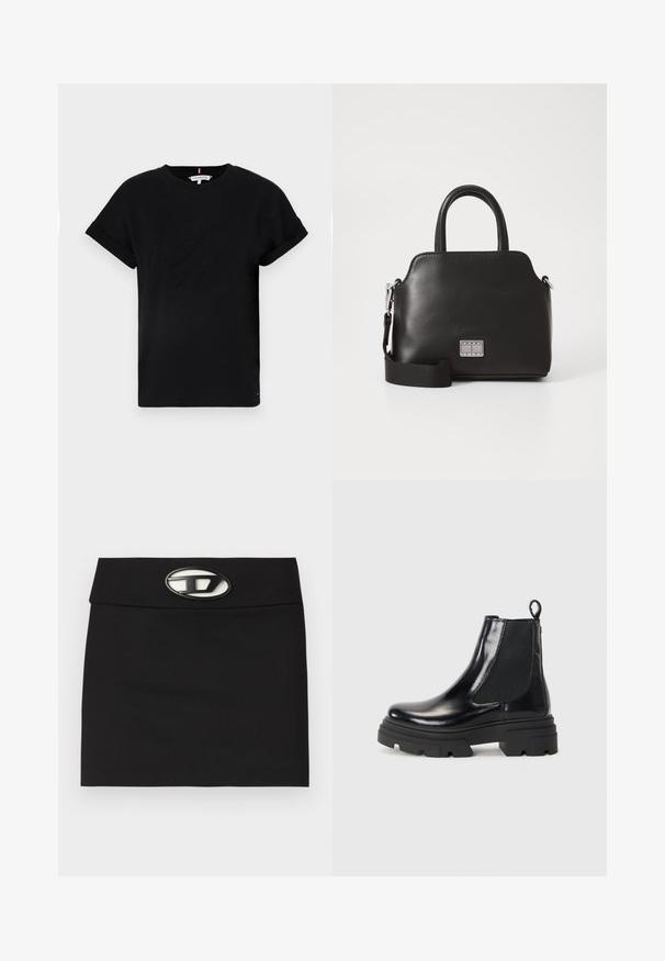 Camiseta de algodón negra con mangas cortas enrolladas, que presenta un logotipo en relieve en el centro y un pequeño acento de bandera en el lateral.; Falda mini negra con cintura plana. Presenta una hebilla metálica prominente en la parte frontal. Está hecha de una tela suave sin patrones visibles.; Botas de tobillo de cuero negro con un diseño elegante, paneles laterales elásticos y una suela gruesa negra. Presentan una lengüeta en la parte trasera para facilitar su puesta.; Bolso de mano sintético negro con asas superiores, correa de hombro desmontable, forma redondeada, textura lisa y acento de logo plateado en la parte frontal.