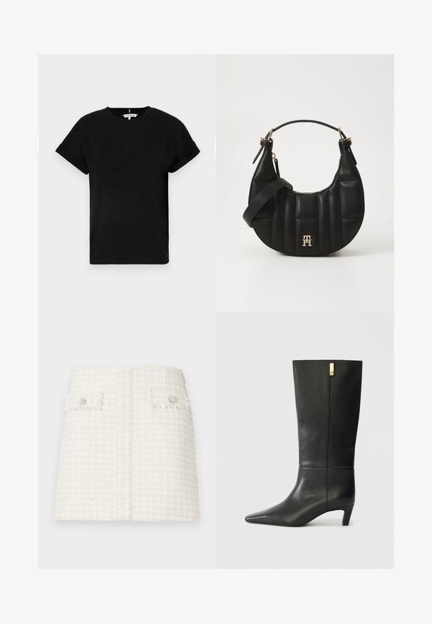 Sort bomulds T-shirt med rullede korte ærmer, der har et præget logo i midten og en lille flagdetalje på siden.; Hvid tweed mini-skort med et tekstureret, ternet mønster. Har to frontlommer med klap og dekorative knapper. Lige nederkant design.; Sorte læder knæhøje støvler med spids tå og en lille hæl. Har et slankt design med en gylden accentdetalje. Glat tekstur.; Sort læderhandtaske med en bøjelig form, kviltet tekstur og guld hardware. Har en aftagelig skulderrem og logo-detalje.