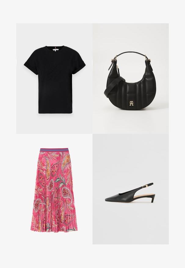 Čierne bavlnené tričko s krátkymi rukávmi, ktoré sú zvinuté, s vyrazeným logom v strede a malým flag akcentom na boku.; Ružová plisovaná sukňa s kvetinovými a paisley vzormi, so kontrastným tyrkysovým pruhovaným pásom. Vyrobená z ľahkej tkaniny.; Čierne kožené sandále na podpätku s špicatou špičkou, nízkym podpätkom a nastaviteľným členkovým remienkom s pozlátenou prackou. Hladký povrch.; Čierna kožená kabelka so zakriveným tvarom, prešitým povrchom a zlatými kovovými doplnkami. Obsahuje odnímateľný ramenný popruh a detail s logom.
