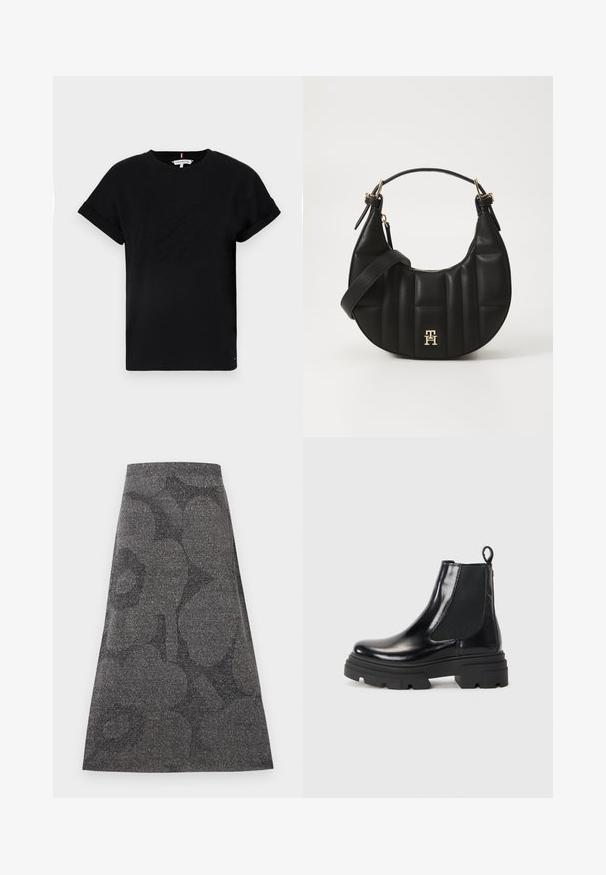 T-shirt nera in cotone con maniche corte arrotolate, caratterizzata da un logo in rilievo al centro e un piccolo dettaglio a bandiera sul lato.; Gonna grigia fino al ginocchio con una finitura testurizzata e luccicante. Presenta un sottile motivo scuro. Design a campana con una vita aderente.; Stivaletti neri in pelle con un design elegante, pannelli laterali elastici e una suola nera spessa. Presentano una linguetta sul retro per una facile calzata.; Borsa a spalla in pelle nera con forma curva, texture trapuntata e dettagli in oro. Presenta una tracolla removibile e dettaglio del logo.