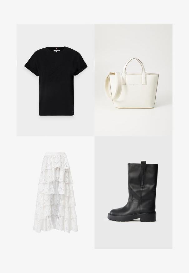 Čierne bavlnené tričko s krátkymi rukávmi, ktoré sú zvinuté, s vyrazeným logom v strede a malým flag akcentom na boku.; Biele krajkové sukne s viacvrstvovým dizajnom a vlnitými okrajmi. Materiál má kvetinový vzor a textúru, čo vytvára vrstvený vzhľad.; Čierne kožené vysoké čižmy s elegantným dizajnom, ktoré majú hrubú podrážku a bočný popruh pre jednoduché obúvanie. Výrazné švy ako akcent.; Biela kabelka z umelého kože s krátkymi uchami, nastaviteľným ramenným popruhom a zlatým kovovým hardvérom; na prednej strane má jemné logo.