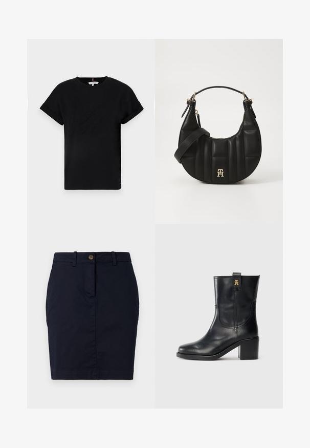 Černé bavlněné tričko s krátkými ohrnutými rukávy, se vzorovým logem uprostřed a malým akcentem vlajky na boku.; Tmavě modrá bavlněná sukně s úzkým střihem, vybavená knoflíkovým zapínáním, poutky na opasek a čistým lemem. Hladká textura bez viditelných vzorů.; Černé kožené boty do poloviny lýtek s blokovým podpatkem a zlatým logem "TH" na poutku, umístěné na bílém pozadí.; Černá kožená kabelka s zakřiveným tvarem, prošívanou texturou a zlatými detaily. Obsahuje odnímatelný ramenní popruh a detail s logem.