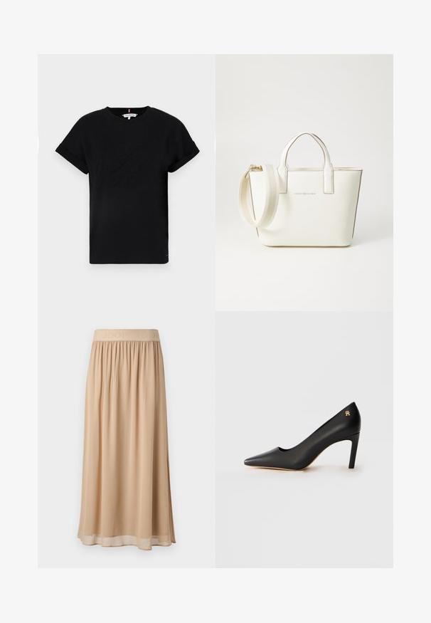 Črna bombažna majica s kratkimi rokavi, ki je zavita, z reljefnim logotipom na sredini in majhnim naglasnim zastavnim motivom na strani.; Bež dolg krilo iz mehke tkanine z nabranim elastičnim pasom, ki nosi vtisnjen naziv blagovne znamke. Lahkotno in s tekočim dizajnom.; Črne usnjene čevlje z visokim peto, koničastim nosom in srednje visokim stiletto peto ter majhnim zlatim emblemom blizu pete, na belem ozadju.; Bela sintetična usnjena torbica z kratkimi ročaji, nastavljivim ramenskim trakom in zlatim kovinskim okovjem; na sprednji strani je subtilen logotip.