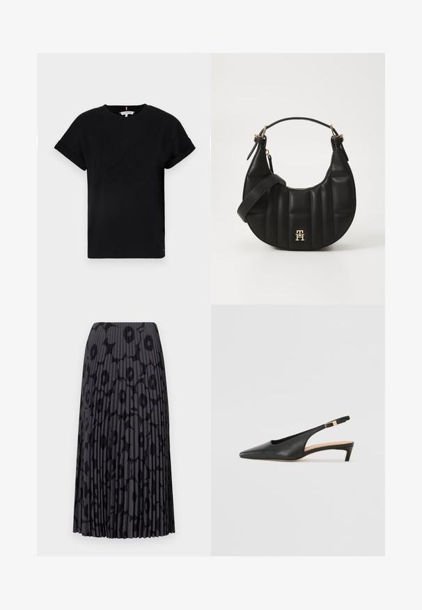 Čierne bavlnené tričko s krátkymi rukávmi, ktoré sú zvinuté, s vyrazeným logom v strede a malým flag akcentom na boku.; Čierna plisovaná sukňa s kvetinovým vzorom, vyrobená z ľahkého materiálu; má vertikálne pruhy a elastický pás.; Čierne kožené sandále na podpätku s špicatou špičkou, nízkym podpätkom a nastaviteľným členkovým remienkom s pozlátenou prackou. Hladký povrch.; Čierna kožená kabelka so zakriveným tvarom, prešitým povrchom a zlatými kovovými doplnkami. Obsahuje odnímateľný ramenný popruh a detail s logom.
