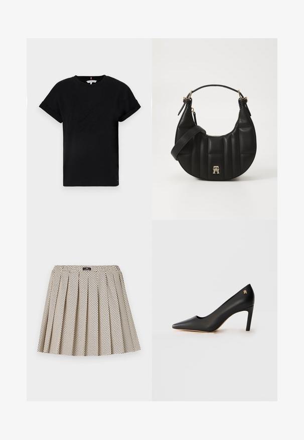 Melns kokvilnas T-krekls ar sarullētām īsām piedurknēm, centrā ir izcilināts logo un neliels karoga akcents sānos.; Beidža salocīta svārki ar melniem punktiņiem, elastīgs jostasvīrs un gluda tekstūra. Ar dekoratīvu zīmola etiķeti jostas vietā.; Melnas ādas augstas papēža kurpes ar smailu pirkstu, vidēja augstuma stiletto papēdi un nelielu zelta emblēmu tuvu papēdim uz baltā fona.; Melnas ādas rokassoma ar izliekumu formu, kā arī izšūtu tekstūru un zelta aksesuāriem. Iespējas iekļauj noņemamu plecu siksnu un logo detalizāciju.