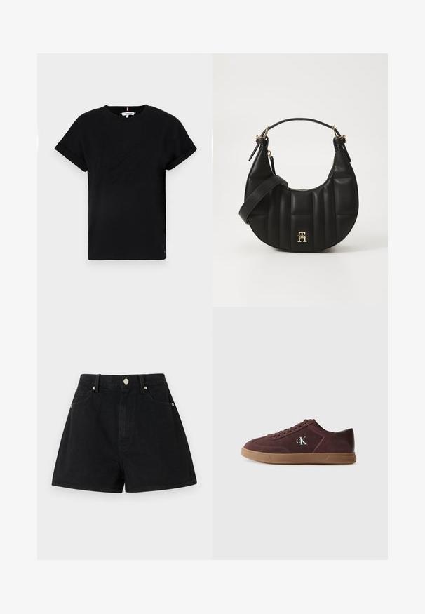 Čierne bavlnené tričko s krátkymi rukávmi, ktoré sú zvinuté, s vyrazeným logom v strede a malým flag akcentom na boku.; Čierne denimové šortky s vysokým pásom, piatimi vreckami, striebornými dekoráciami a štandardným strihom, s hladkou textúrou a čistým dokončením.; Calvin Klein Tenisky - bordeaux; Čierna kožená kabelka so zakriveným tvarom, prešitým povrchom a zlatými kovovými doplnkami. Obsahuje odnímateľný ramenný popruh a detail s logom.