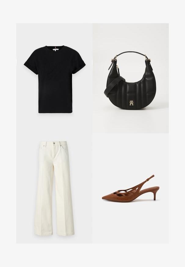 Tricou din bumbac negru, cu mâneci scurte răsucite, având un logo embosat în centrul său și un accent mic cu steag pe lateral.; Blugi albi evazați dintr-o țesătură din bumbac. Prezintă un fermoar la braguă, un design cu cinci buzunare și cusături de-a lungul cusăturilor.; Cizme cu toc slingback din piele maronie, cu vârf ascuțit, design cu decupaje și detalii cusute. Prezintă un toc subțire și o curea ajustabilă.; Geantă de mână din piele neagră, cu o formă curbată, textură matlasată și accesorii aurii. Dispune de o curea pentru umăr detașabilă și detalii cu logo.