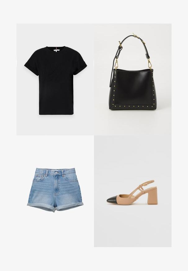 Mustapaita, jossa on lyhyet käärityt hihat, keskellä kohokuvioitu logo ja sivussa pieni lipputunnus.; Farkkushortsit vaalean sinisessä pesussa, korkea vyötärö, nappikiinnitys, viisi taskua ja käännetyt lahkeet. Sujuva pinta, klassinen muotoilu.; Beige slingback-kengät, joissa on musta kärki, neliönmuotoinen korkea korko ja kaksi nauhakoristetta, valmistettu sileästä materiaalista.; Musta nahkainen käsilaukku, jossa on jämäkkä muoto, kultaiset niitit reunoilla ja irrotettava hihna kultaisilla yksityiskohdilla.; Kultaketju, jossa on paksu ketju sileillä lenkeillä, yhdistettynä herkällä ketjulla, jossa on sydämen muotoinen riipus kivikoristeilla.