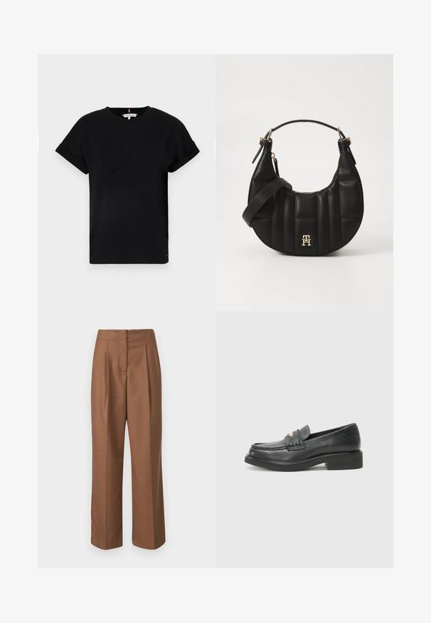 Sort bomulds T-shirt med rullede korte ærmer, der har et præget logo i midten og en lille flagdetalje på siden.; Brune skræddersyede bukser med høj talje, brede ben, forknydninger foran og en glat tekstur. Ingen synlige lommer eller udsmykninger.; Sorte læder loafers med et vævet detaljer på vampen, et guld logo, og en kraftig sort gummisål. Glat tekstur med let glans.; Sort læderhandtaske med en bøjelig form, kviltet tekstur og guld hardware. Har en aftagelig skulderrem og logo-detalje.