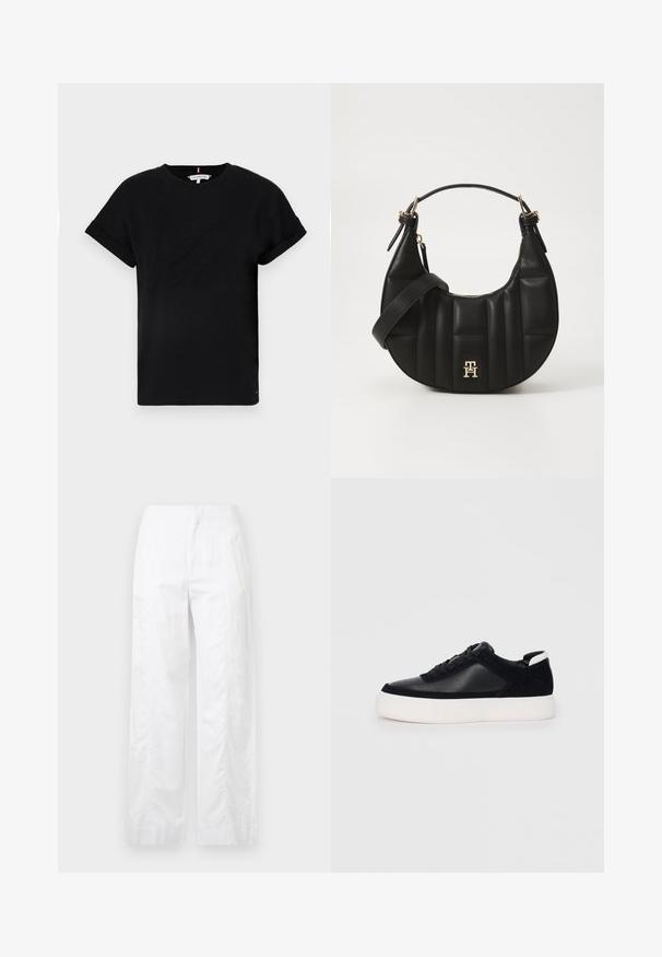 Fekete pamut póló, feltekerhető rövid ujjal, középen domború logóval és egy kis zászló részlettel az oldalon.; Fehér, széles szárú nadrág könnyű anyagból, sima textúrával, letisztult vonalakkal és magasderék kialakítással.; Fekete sportcipő sima bőrből és velúr panelekkel, lapos fűzőkkel, kerek orral és fehér gumi talppal. Megkülönböztető logó a sarkán.; Fekete bőrtáska ívelt formával, steppelt textúrával és arany hardware-rel. Levehető vállpánttal és logó részlettel rendelkezik.