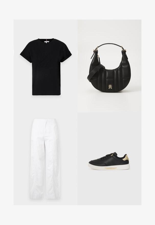 Melns kokvilnas T-krekls ar sarullētām īsām piedurknēm, centrā ir izcilināts logo un neliels karoga akcents sānos.; Baltas, plaša kāju bikses, izgatavotas no viegla auduma, ar gludu tekstūru, tīrām līnijām un augstu jostasvietu.; Melna ādas kedas ar gludu tekstūru, baltu gumijas zoli, zelta akcentiem uz papēža un acs caurumiem, ar logo sānos.; Melnas ādas rokassoma ar izliekumu formu, kā arī izšūtu tekstūru un zelta aksesuāriem. Iespējas iekļauj noņemamu plecu siksnu un logo detalizāciju.