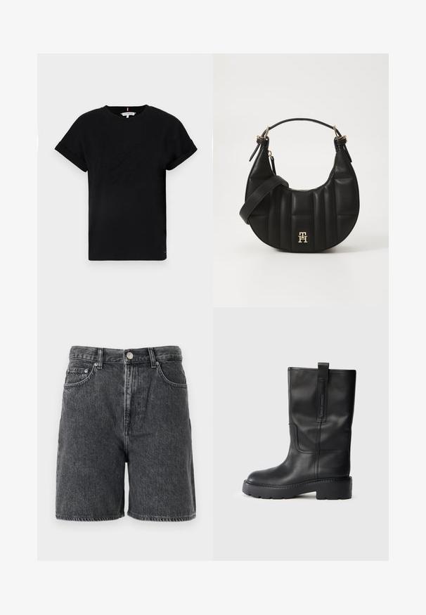 Melns kokvilnas T-krekls ar sarullētām īsām piedurknēm, centrā ir izcilināts logo un neliels karoga akcents sānos.; Melnā mazgātā denima šorti ar jostas cilpām, priekšējo pogu, rāvējslēdzēja aizdari un klasisko piecu kabatu dizainu.; Melnas ādas līdz ceļiem augstas zābaki ar elegantu dizainu, kas iezīmē biezus zole un sānu cilpu, lai ērtāk uzvilktu. Ievērojamas šuvju akcenti.; Melnas ādas rokassoma ar izliekumu formu, kā arī izšūtu tekstūru un zelta aksesuāriem. Iespējas iekļauj noņemamu plecu siksnu un logo detalizāciju.