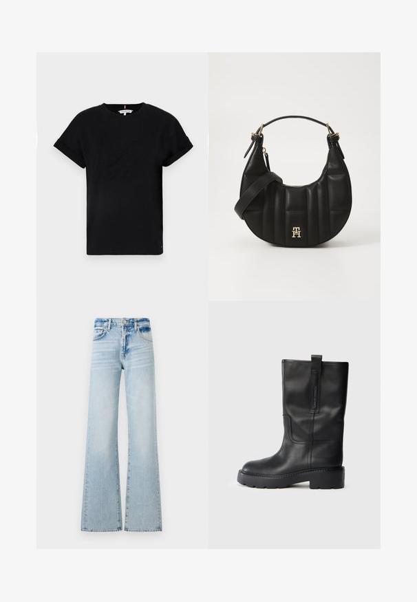 Svart bomull T-skjorte med rullet kort erm, med et preget logo i midten og en liten flaggdetalj på siden.; Lys blå brede bukser laget av denim, med mid-rise midje, fem lommer og kontrastsømmer med en falmet finish.; Sorte skinn kne-høye støvler med et elegant design, med tykk såle og et sidehank for enkel påkledning. Merket med synlige sømdetaljer.; Svart skinnhåndveske med en buet form, kviltet tekstur og gullhardware. Har en avtagbar skulderrem og logo-detaljer.