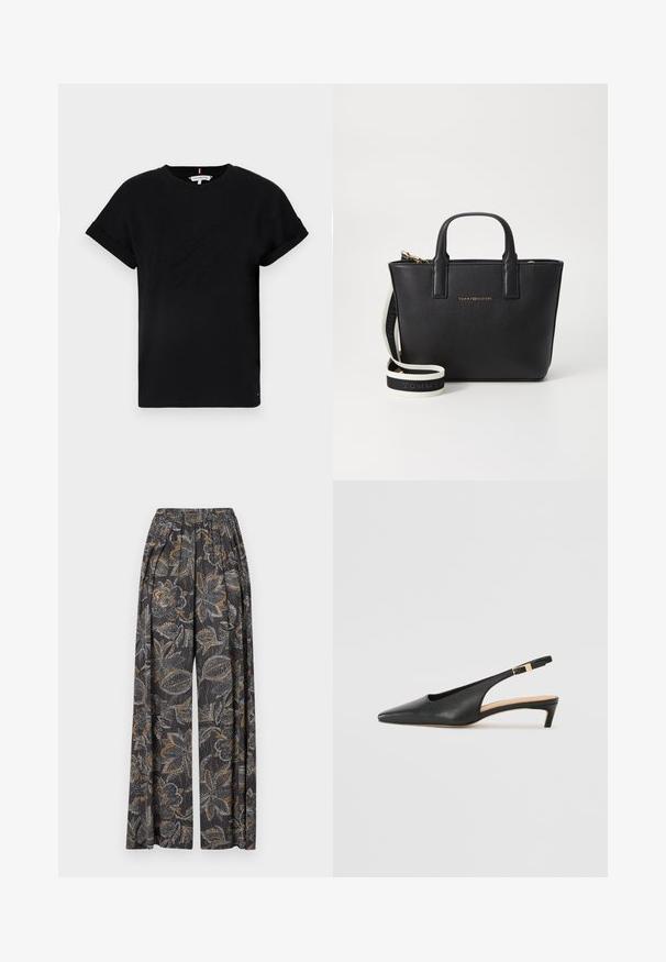 Black cotton t-shirt with rolled short sleeves, featuring an embossed logo in the center and a small flag accent on the side.; Wide-leg trousers in a dark floral print with intricate gray and orange patterns. Elastic waistband adds comfort and flexibility.; Black leather slingback heel with a pointed toe, low heel, and an adjustable ankle strap featuring a gold-tone buckle. Smooth texture.; Black leather handbag with metallic gold logo. Features two top handles and a detachable strap with black and white branding. Smooth texture.