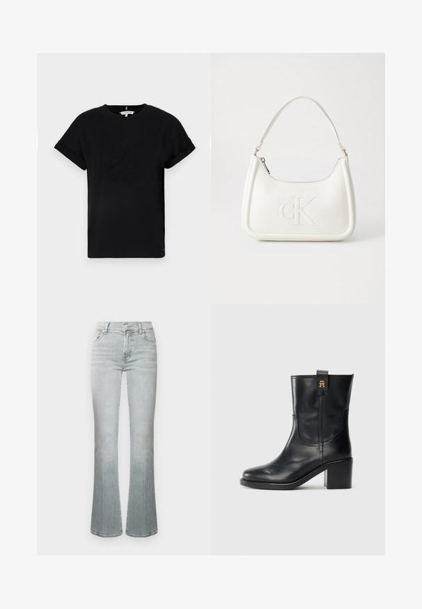 Sort bomulds T-shirt med rullede korte ærmer, der har et præget logo i midten og en lille flagdetalje på siden.; Lyseblå vide jeans med høj talje, lavet af denim. Har knaplukning, fem lommer og diskret falmning for tekstur.; Sorte læderstøvler til midt på læggen med blokhæl og guld "TH" logo på løftestation mod hvid baggrund.; Hvid lædertaske med en buet form, der har et præget "CK"-logo på fronten og en enkelt skulderrem. Lynlåslukning i toppen.