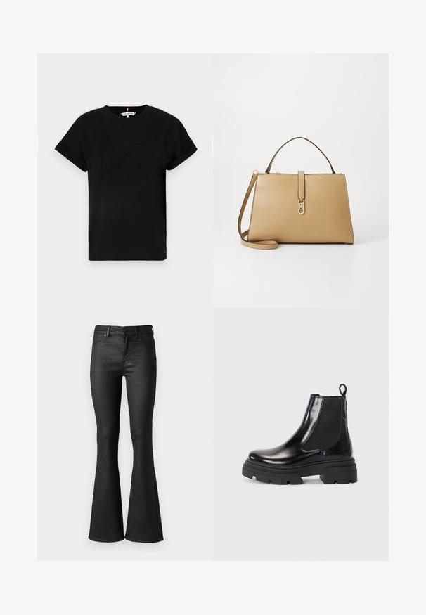 Black cotton t-shirt with rolled short sleeves, featuring an embossed logo in the center and a small flag accent on the side.; Black flared jeans with a smooth denim texture, featuring a mid-rise waist, belt loops, and front pockets. The inseam flares out at the hem.; Black leather ankle boots with a sleek design, elastic side panels, and a chunky black sole. Features a pull tab at the back for easy wear.; Tommy Hilfiger LIBRE SATCHEL - Handbag - safari