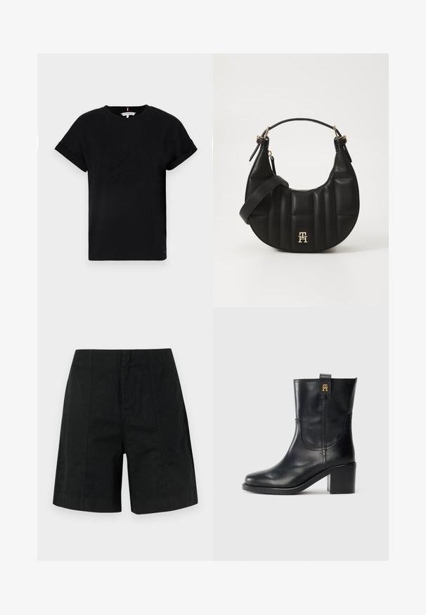 Schwarzes Baumwoll-T-Shirt mit umgeschlagenen kurzen Ärmeln, mit einem eingeprägten Logo in der Mitte und einem kleinen Flaggenakzent an der Seite.; Schwarze, maßgeschneiderte Shorts aus leichtem Stoff, mit einem strukturierten Design und vertikalen Linien sowie einem geraden Saum. Keine sichtbaren Taschen.; Schwarze Lederstiefel bis zur Wade mit Blockabsatz und goldenem "TH"-Logo an der Zuglasche vor weißem Hintergrund.; Schwarze Lederhandtasche mit geschwungener Form, gequilteter Textur und goldenen Beschlägen. Sie verfügt über einen abnehmbaren Schultergurt und ein Logodetail.