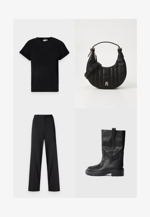 Zwart katoenen t-shirt met opgerolde korte mouwen, voorzien van een reliëflogo in het midden en een kleine vlagaccent aan de zijkant.; Zwarte wijde broek van gladde stof, met een hoge taille, geplooide voorkant en riemlussen. Strak, op maat gemaakte stijl.; Zwarte leren kniehoge laarzen met een slank ontwerp, voorzien van een dikke zool en een zijhandvat voor gemakkelijk aan- en uittrekken. Opvallende stikselaccenten.; Zwarte leren handtas met een gebogen vorm, gevoerd textuur en gouden hardware. Beschikt over een afneembare schouderband en logo-detail.