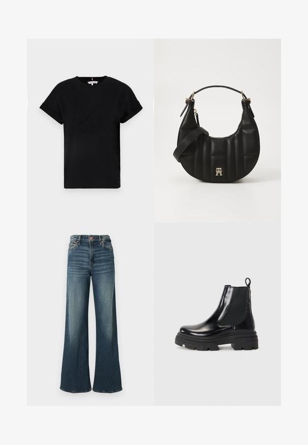 Svart bomull T-skjorte med rullet kort erm, med et preget logo i midten og en liten flaggdetalj på siden.; Mørkeblå vide denimjeans med klassisk fem-lommers design, kobberdetaljer og subtil falming foran.; Sorte ankelstøvler i læder med et strømlinet design, elastiske sidepaneler og en kraftig sort sål. Har en trækflig bagpå for nem påtagning.; Svart skinnhåndveske med en buet form, kviltet tekstur og gullhardware. Har en avtagbar skulderrem og logo-detaljer.