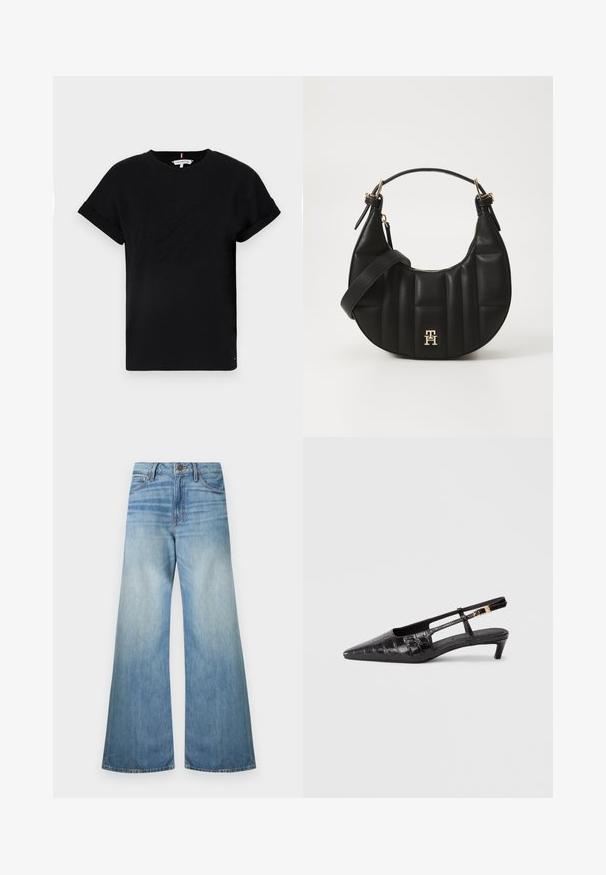 Camiseta de algodón negra con mangas cortas enrolladas, que presenta un logotipo en relieve en el centro y un pequeño acento de bandera en el lateral.; Jeans de pierna ancha de color azul claro, fabricados en denim, que cuentan con una cremallera estándar, cinco bolsillos y un acabado desgastado con sutiles detalles de márgenes.; Zapato negro de piel con puntera afilada y diseño tipo slingback, con textura de cocodrilo, pequeño tacón apilado y correa ajustable con detalle de hebilla metálica.; Bolso de cuero negro con forma curvada, textura acolchada y herrajes dorados. Presenta una correa de hombro desmontable y un detalle de logo.