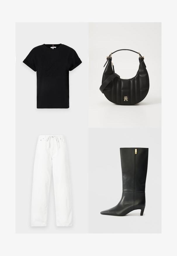 Fekete pamut póló, feltekerhető rövid ujjal, középen domború logóval és egy kis zászló részlettel az oldalon.; Fehér, bő szabású farmernadrág, zsinóros derékkal és két elülső zsebbel, sima textúrával és letisztult dizájnnal.; Fekete bőr, térd fölé érő csizma hegyes orral és kis sarokkal. Kifinomult dizájnja arany színű részletekkel bővül. Sima textúra.; Fekete bőrtáska ívelt formával, steppelt textúrával és arany hardware-rel. Levehető vállpánttal és logó részlettel rendelkezik.