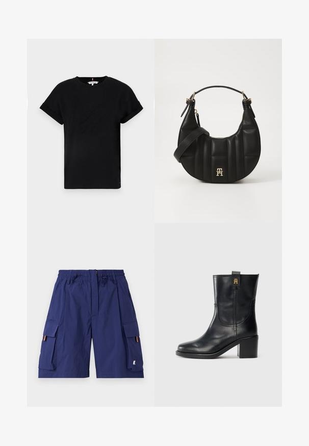 Schwarzes Baumwoll-T-Shirt mit umgeschlagenen kurzen Ärmeln, mit einem eingeprägten Logo in der Mitte und einem kleinen Flaggenakzent an der Seite.; Marineblaue Cargo-Shorts mit elastischem Bund, Kordelzug, mehreren Seitentaschen und orangefarbenen Akzenten an den Öffnungen der Seitentaschen.; Schwarze Lederstiefel bis zur Wade mit Blockabsatz und goldenem "TH"-Logo an der Zuglasche vor weißem Hintergrund.; Schwarze Lederhandtasche mit geschwungener Form, gequilteter Textur und goldenen Beschlägen. Sie verfügt über einen abnehmbaren Schultergurt und ein Logodetail.