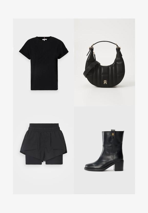 Svart bomull T-skjorte med rullet kort erm, med et preget logo i midten og en liten flaggdetalj på siden.; Svarte treningsshorts med elastisk midje, lagdelt design og to sidelommer; de indre shortsene er tettsittende med glatt stoff.; Sorte lærmidikalv støvler med blokkkilt og gull "TH" logo på drahank mot hvit bakgrunn.; Svart skinnhåndveske med en buet form, kviltet tekstur og gullhardware. Har en avtagbar skulderrem og logo-detaljer.