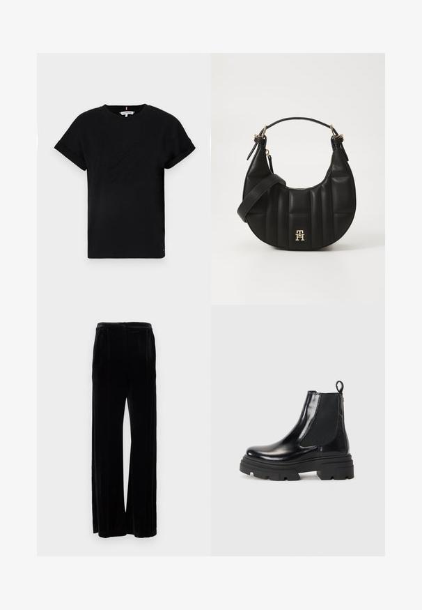T-shirt preta de algodão com mangas curtas dobradas, apresentando um logotipo em relevo no centro e um pequeno detalhe de bandeira na lateral.; Calças largas de veludo preto com uma textura suave, apresentando uma cintura alta e dois pregas na frente, que se estendem até ao chão.; Botas de tornozelo em couro preto com um design elegante, painéis laterais elásticos e uma sola robusta preta. Possui uma alça na parte de trás para facilitar o calçar.; Bolsa de mão em couro preto com forma curva, textura acolchoada e detalhes em dourado. Apresenta uma alça de ombro destacável e logótipo.