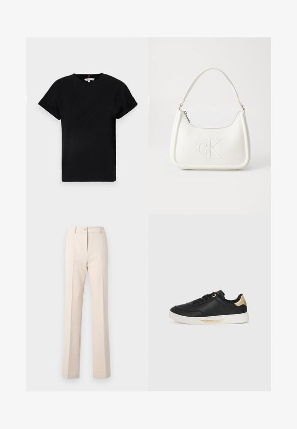 T-shirt nera in cotone con maniche corte arrotolate, caratterizzata da un logo in rilievo al centro e un piccolo dettaglio a bandiera sul lato.; Pantaloni beige su misura con gamba dritta, dotati di chiusura con bottone, pieghe frontali e una texture liscia.; Sneaker in pelle nera con una texture liscia, suola in gomma bianca, dettagli dorati sul tallone e sui passanti dei lacci, con logo sul lato.; Borsa a tracolla in pelle bianca con forma curva, dotata di un logo "CK" impresso sul davanti e una singola tracolla. Chiusura a zip nella parte superiore.