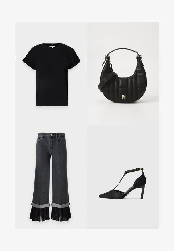 Černé bavlněné tričko s krátkými ohrnutými rukávy, se vzorovým logem uprostřed a malým akcentem vlajky na boku.; Vysoko pasové černé džíny z denimu se širokými nohavicemi a skládáním z šifonu na lemu, obsahující šedý manžet a standardní design s pěti kapsami.; Černé lodičky na vysokém podpatku s špičatou špičkou, tenkým kotníkovým páskem se zlatou ozdobou a měkkým texturovaným povrchem.; Černá kožená kabelka s zakřiveným tvarem, prošívanou texturou a zlatými detaily. Obsahuje odnímatelný ramenní popruh a detail s logem.