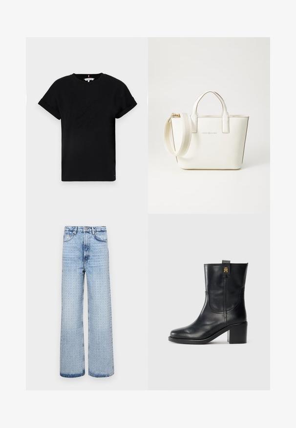 Černé bavlněné tričko s krátkými ohrnutými rukávy, se vzorovým logem uprostřed a malým akcentem vlajky na boku.; Světle modré džíny s širokým střihem, které mají perforované detaily po celém povrchu a klasický pětikusový styl.; Černé kožené boty do poloviny lýtek s blokovým podpatkem a zlatým logem "TH" na poutku, umístěné na bílém pozadí.; Bílá kabelka z umělé kůže s krátkými uchy, nastavitelným ramenním popruhem a zlatými kovovými detaily; má jemné logo na přední straně.
