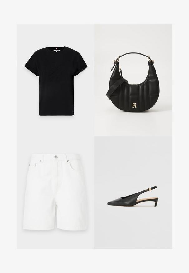 T-shirt en coton noir avec des manches courtes roulées, ornée d'un logo en relief au centre et d'un petit accent drapeau sur le côté.; Shorts en denim blanc à coupe droite, avec poches avant et fermeture à bouton. Le tissu a une texture lisse et sans motifs visibles.; Talons aiguilles en cuir noir à bride arrière, avec un bout pointu, un talon bas et une sangle de cheville réglable dotée d'une boucle dorée. Texture lisse.; Sac à main en cuir noir avec une forme incurvée, texture matelassée et quincaillerie dorée. Dispose d'une bandoulière amovible et d'un détail de logo.