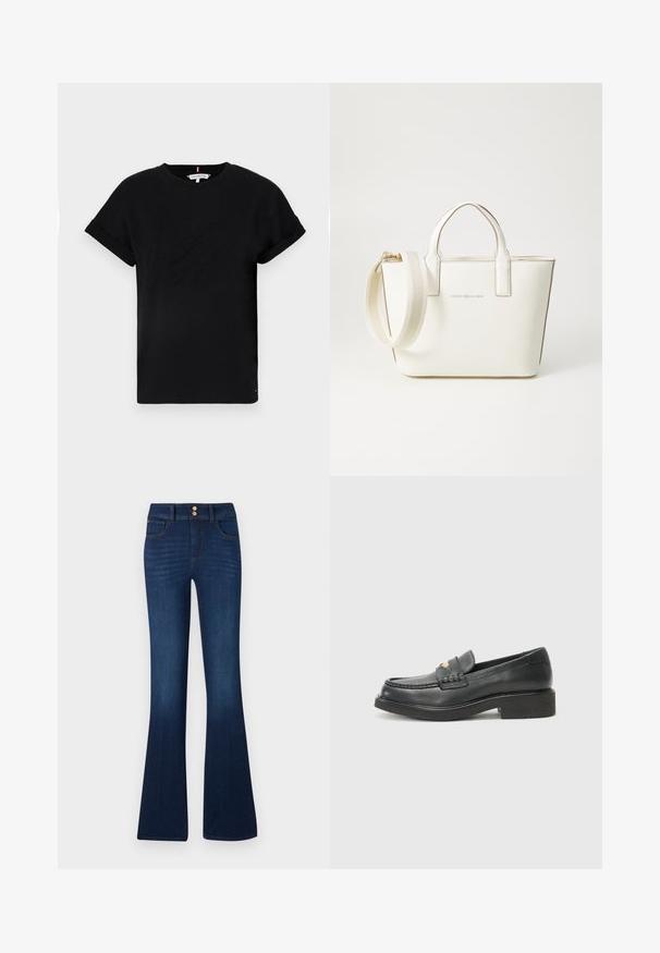 Črna bombažna majica s kratkimi rokavi, ki je zavita, z reljefnim logotipom na sredini in majhnim naglasnim zastavnim motivom na strani.; Denim flare jeans v temno modri barvi, z visokim pasom, dvema sprednjima žepoma in dvema zadnjima žepoma, z gladko teksturo in subtilnimi šivi.; Črne usnjene loafers čevlje s tkanim detajlom na vampu, z zlatim logotipom in robustnim črnim gumijastim podplatom. Gladka tekstura z rahlim sijajem.; Bela sintetična usnjena torbica z kratkimi ročaji, nastavljivim ramenskim trakom in zlatim kovinskim okovjem; na sprednji strani je subtilen logotip.